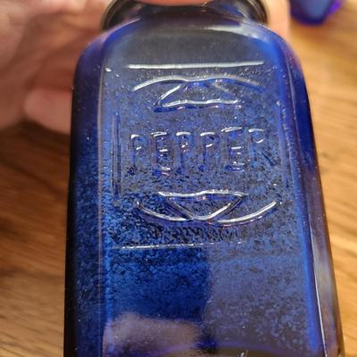 Collection of Salt Pepper & Spice Shakers Milk Glass Blue Glass Lighthouse Pepper mill