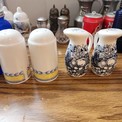 Collection of Salt Pepper & Spice Shakers Milk Glass Blue Glass Lighthouse Pepper mill