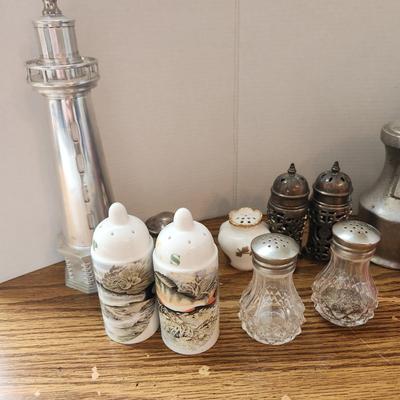 Collection of Salt Pepper & Spice Shakers Milk Glass Blue Glass Lighthouse Pepper mill