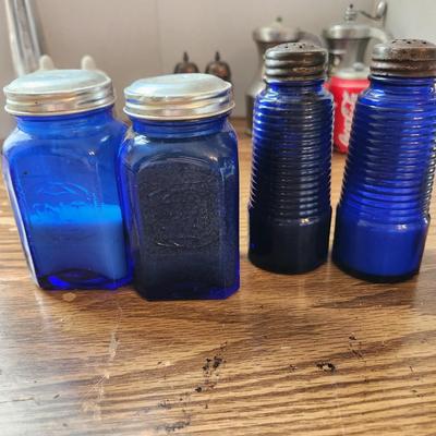 Collection of Salt Pepper & Spice Shakers Milk Glass Blue Glass Lighthouse Pepper mill