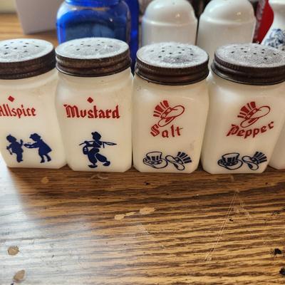 Collection of Salt Pepper & Spice Shakers Milk Glass Blue Glass Lighthouse Pepper mill