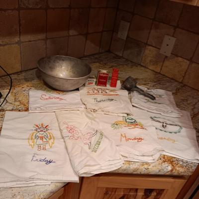FLOUR SACK EMBROIDERED DISH TOWELS, OLD SPICE CONTAINERS AND MORE