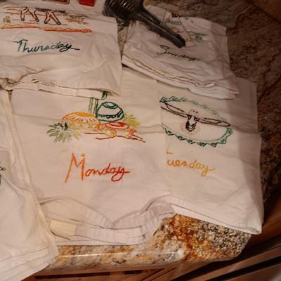 FLOUR SACK EMBROIDERED DISH TOWELS, OLD SPICE CONTAINERS AND MORE