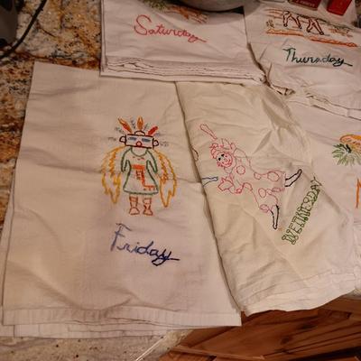 FLOUR SACK EMBROIDERED DISH TOWELS, OLD SPICE CONTAINERS AND MORE