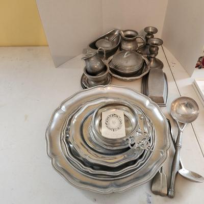 Lot of Pewter Plates, Creamer Sugar Bowl Gravy bowl Candle Holders