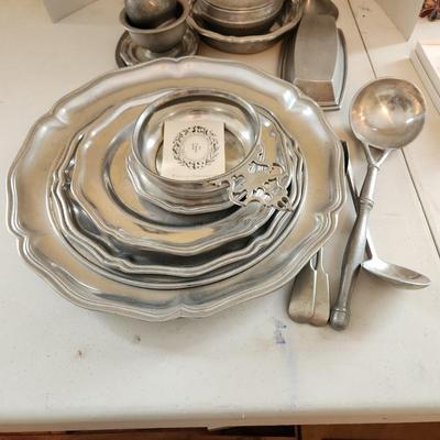 Lot of Pewter Plates, Creamer Sugar Bowl Gravy bowl Candle Holders