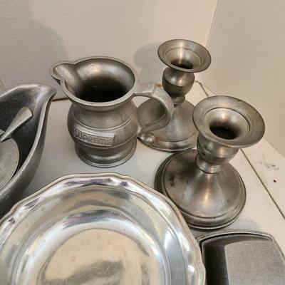 Lot of Pewter Plates, Creamer Sugar Bowl Gravy bowl Candle Holders