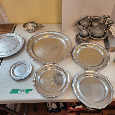 Lot of Pewter Plates, Creamer Sugar Bowl Gravy bowl Candle Holders