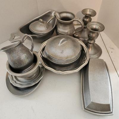 Lot of Pewter Plates, Creamer Sugar Bowl Gravy bowl Candle Holders