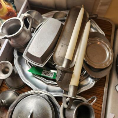 Lot of Pewter Plates, Creamer Sugar Bowl Gravy bowl Candle Holders