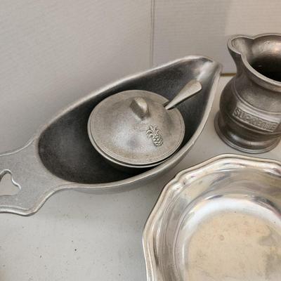 Lot of Pewter Plates, Creamer Sugar Bowl Gravy bowl Candle Holders