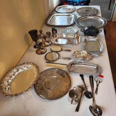 Collection of Wilcox Rogers Wallace Silverplate Platters Butter dish Candle holders Dishes Vanity Mirror brush comb