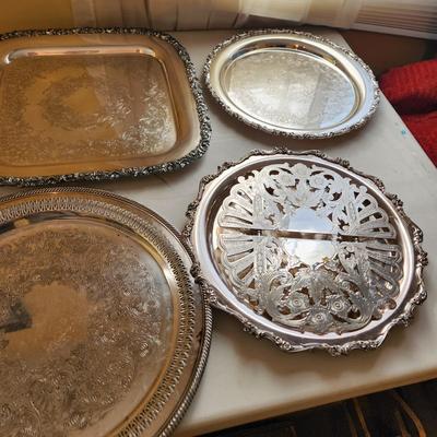 Collection of Wilcox Rogers Wallace Silverplate Platters Butter dish Candle holders Dishes Vanity Mirror brush comb