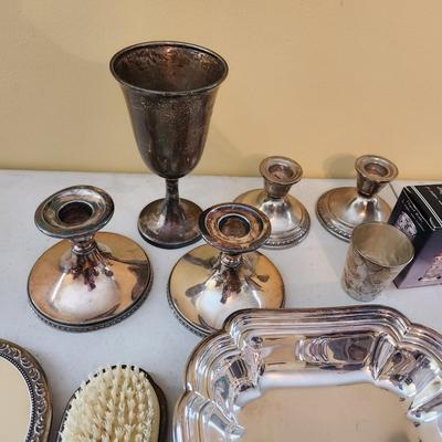 Collection of Wilcox Rogers Wallace Silverplate Platters Butter dish Candle holders Dishes Vanity Mirror brush comb
