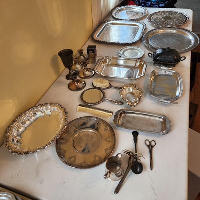 Collection of Wilcox Rogers Wallace Silverplate Platters Butter dish Candle holders Dishes Vanity Mirror brush comb