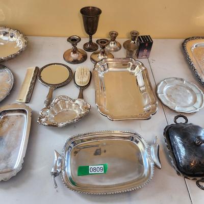 Collection of Wilcox Rogers Wallace Silverplate Platters Butter dish Candle holders Dishes Vanity Mirror brush comb