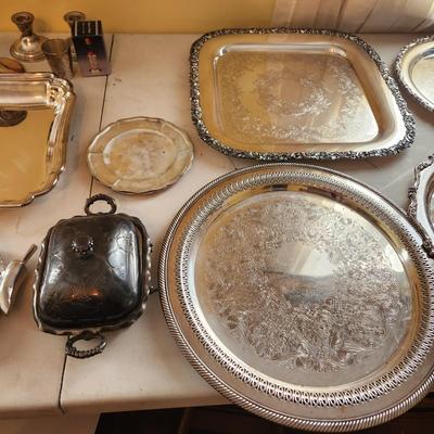 Collection of Wilcox Rogers Wallace Silverplate Platters Butter dish Candle holders Dishes Vanity Mirror brush comb
