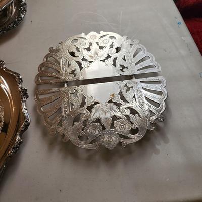 Collection of Wilcox Rogers Wallace Silverplate Platters Butter dish Candle holders Dishes Vanity Mirror brush comb