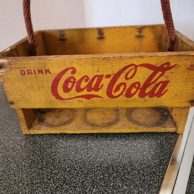 Vintage Yellow Red Coca-Cola Wooden 6 Pack Crate w Rope handle