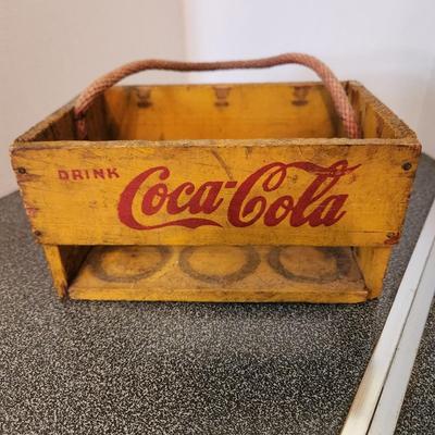 Vintage Yellow Red Coca-Cola Wooden 6 Pack Crate w Rope handle