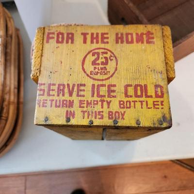 Vintage Yellow Red Coca-Cola Wooden 6 Pack Crate w Rope handle