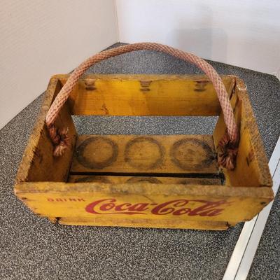 Vintage Yellow Red Coca-Cola Wooden 6 Pack Crate w Rope handle