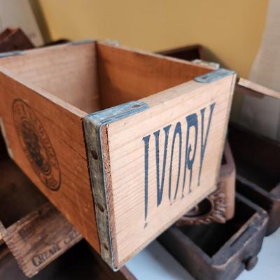 Large lot of Vintage Wooden Crates Sewing Machine Drawers Ivory Soap Cigar Boxes