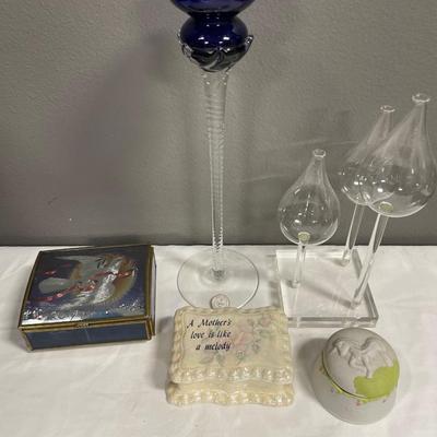 Romania crystal blue candle holder with tulip decor and trinket boxes