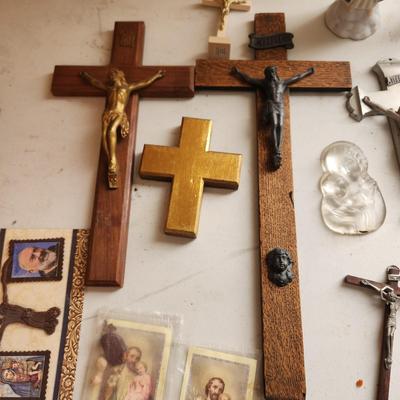 Lot of Religious Items Crosses Statues Rosary
