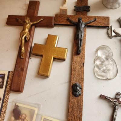 Lot of Religious Items Crosses Statues Rosary