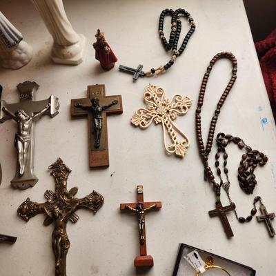 Lot of Religious Items Crosses Statues Rosary