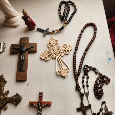 Lot of Religious Items Crosses Statues Rosary