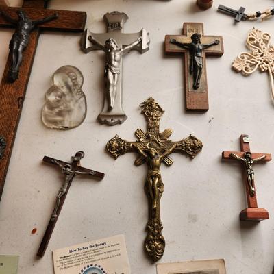 Lot of Religious Items Crosses Statues Rosary