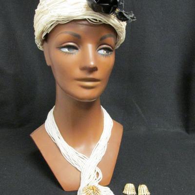 Mannequin with Faux Pearl Necklace, Earrings and Hat