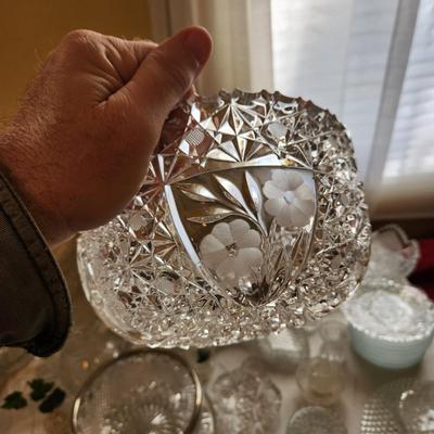 Lot of Mixed Glass Heavy Cut glass Bowls , Plates Pitcher Some may have Chips
