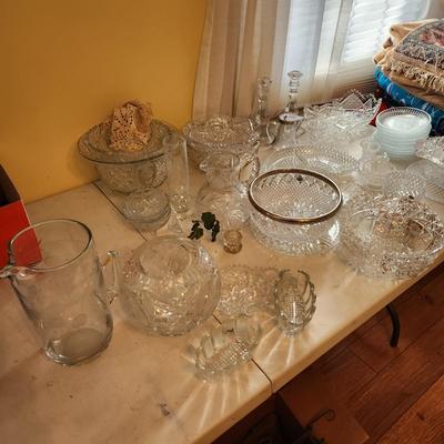 Lot of Mixed Glass Heavy Cut glass Bowls , Plates Pitcher Some may have Chips
