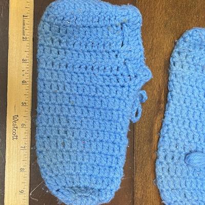 2 pair of slippers - hand crochet booties for child or small adult red & blue