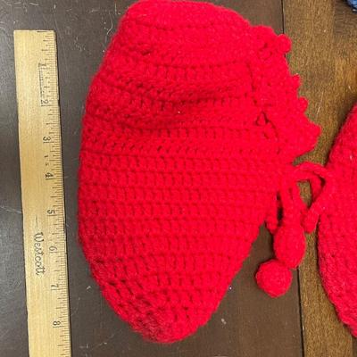 2 pair of slippers - hand crochet booties for child or small adult red & blue