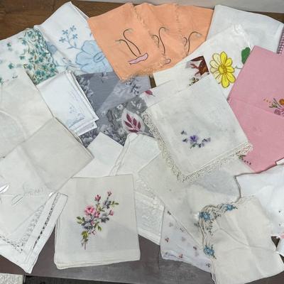 Lot of 31 vintage 1950's linen embroidered & embellished hankies - very soft and mostly stain free multicolored