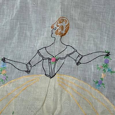 Vintage Apron - Sheer Material Embroidered Lady in Yellow Dress