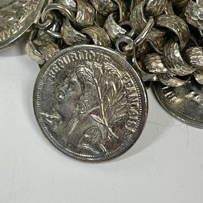 Vintage Silver Tone French Token Bracelet