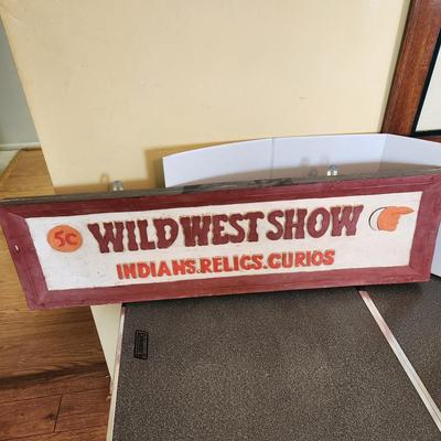 Vintage Wild West Show Indians Relics Curios Wooden Sign 40"x11.25"
