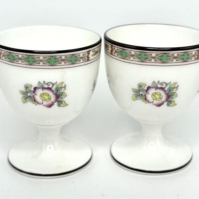 2 Wedgwood Egg Cups + 2 Vintage Cloissone Enamel Eggs