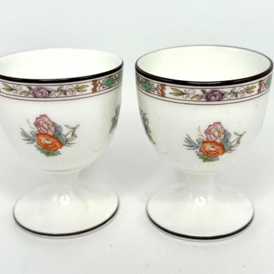 2 Wedgwood Egg Cups + 2 Vintage Cloissone Enamel Eggs