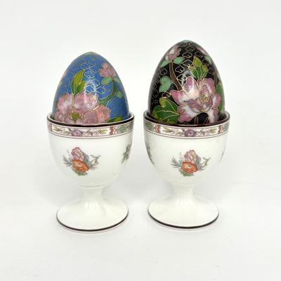 2 Wedgwood Egg Cups + 2 Vintage Cloissone Enamel Eggs