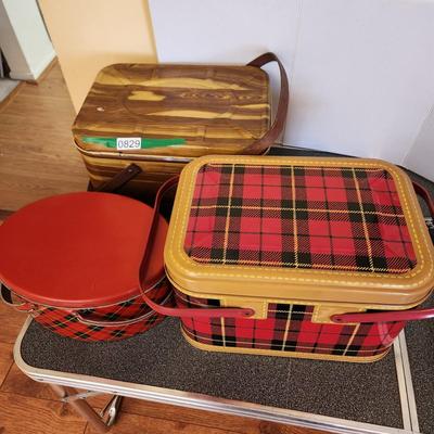 3 Metal Tin Plaid Tartan Picnic Baskets Double Handle