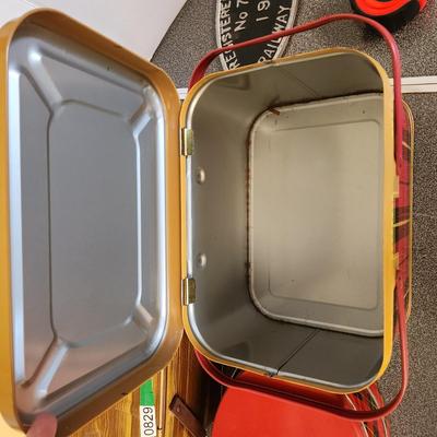 3 Metal Tin Plaid Tartan Picnic Baskets Double Handle