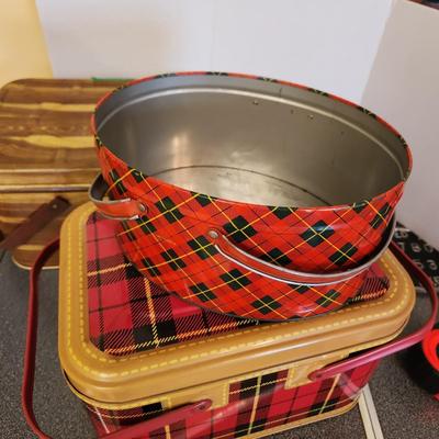 3 Metal Tin Plaid Tartan Picnic Baskets Double Handle