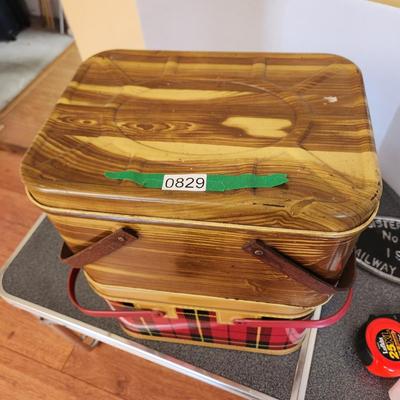 3 Metal Tin Plaid Tartan Picnic Baskets Double Handle