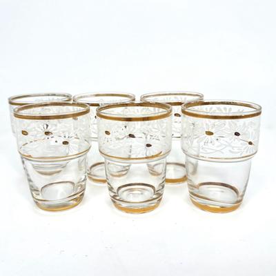 6 Vintage Belgium Hand Painted Gold and White Flower Shot Glasses